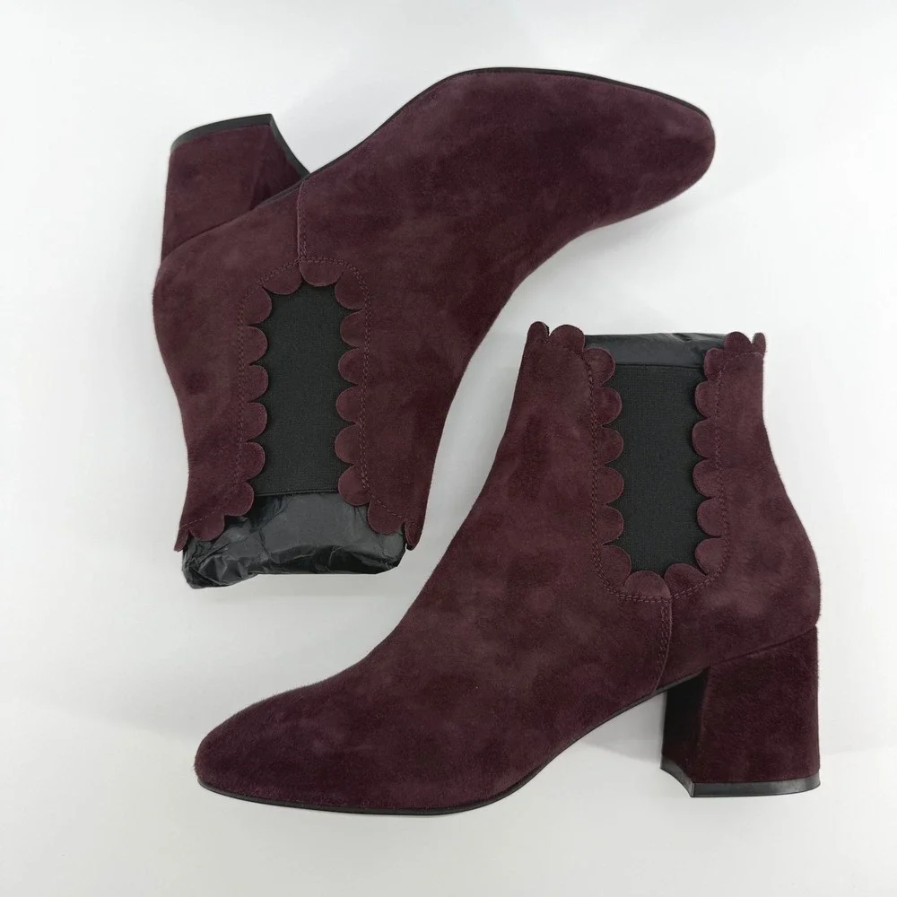 Ava & Aiden Burgundy Suede Scalloped Trim Block Heel Ankle Boots Size 38 Spain